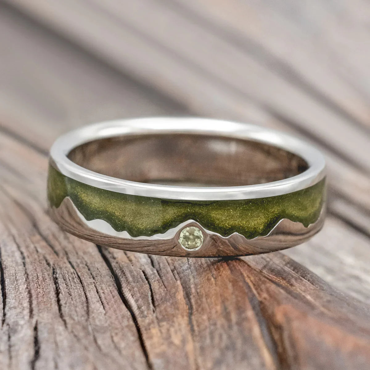 "Helios" - Mystic Moss Inlaid Wedding Ring With A Mountain Range And Peridot Accent - 14K White Gold (6mm) - Size 9