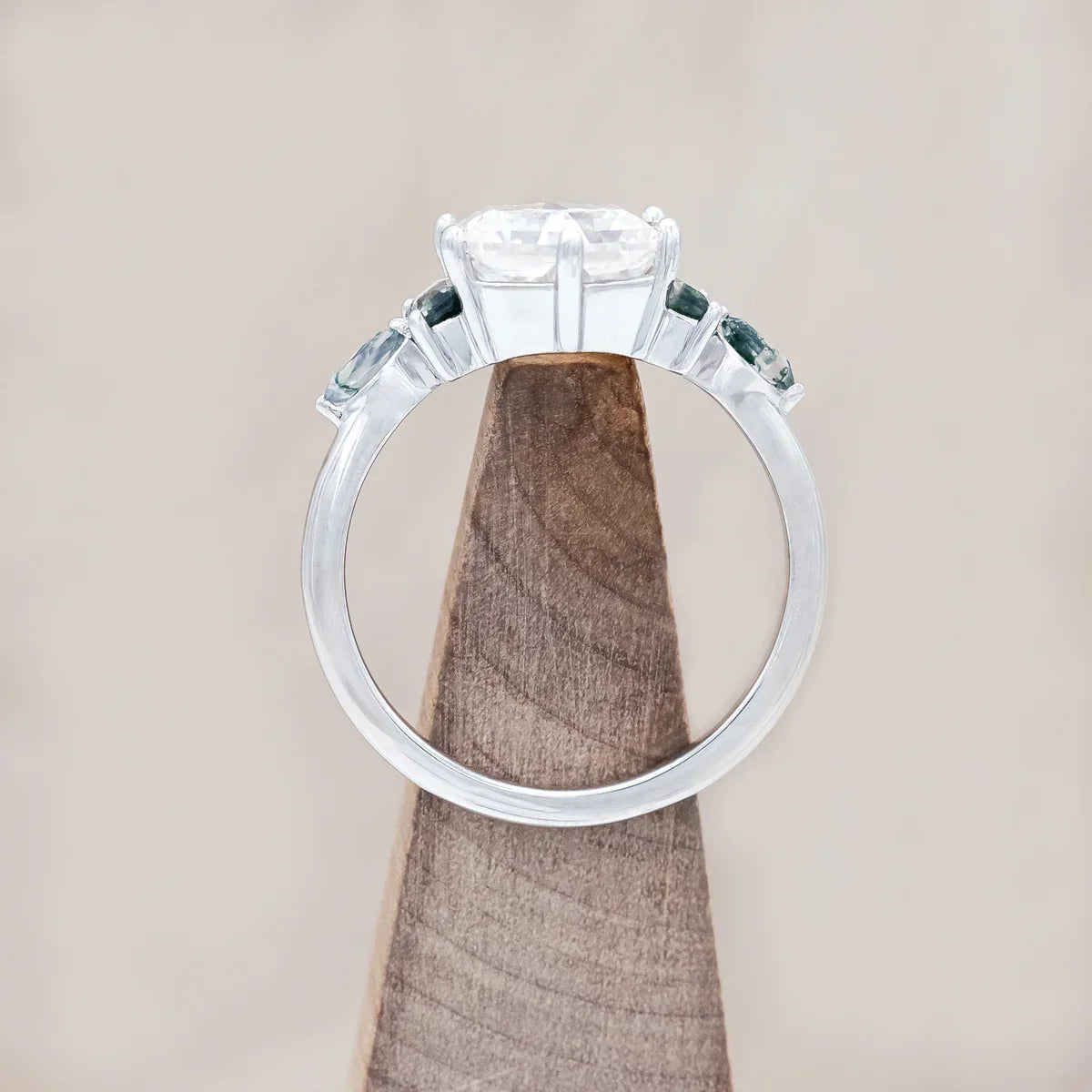 "Sitala" - Hexagon Cut Moissanite Engagement Ring With Moss Agate Accents - 14K White Gold - Size 8 1/4