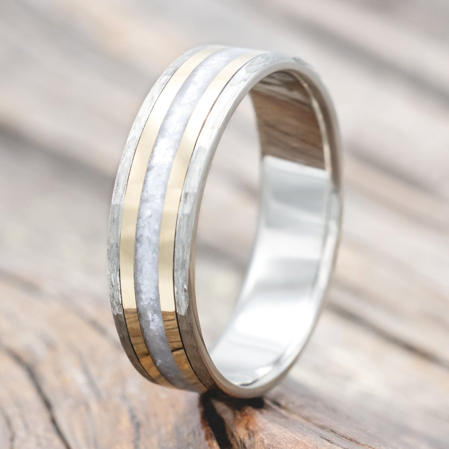 "Hollis" - Diamond Dust & 14K Yellow Gold Inlays Wedding Ring With Hammered Band - Titanium (8mm) - Size 9 1/2
