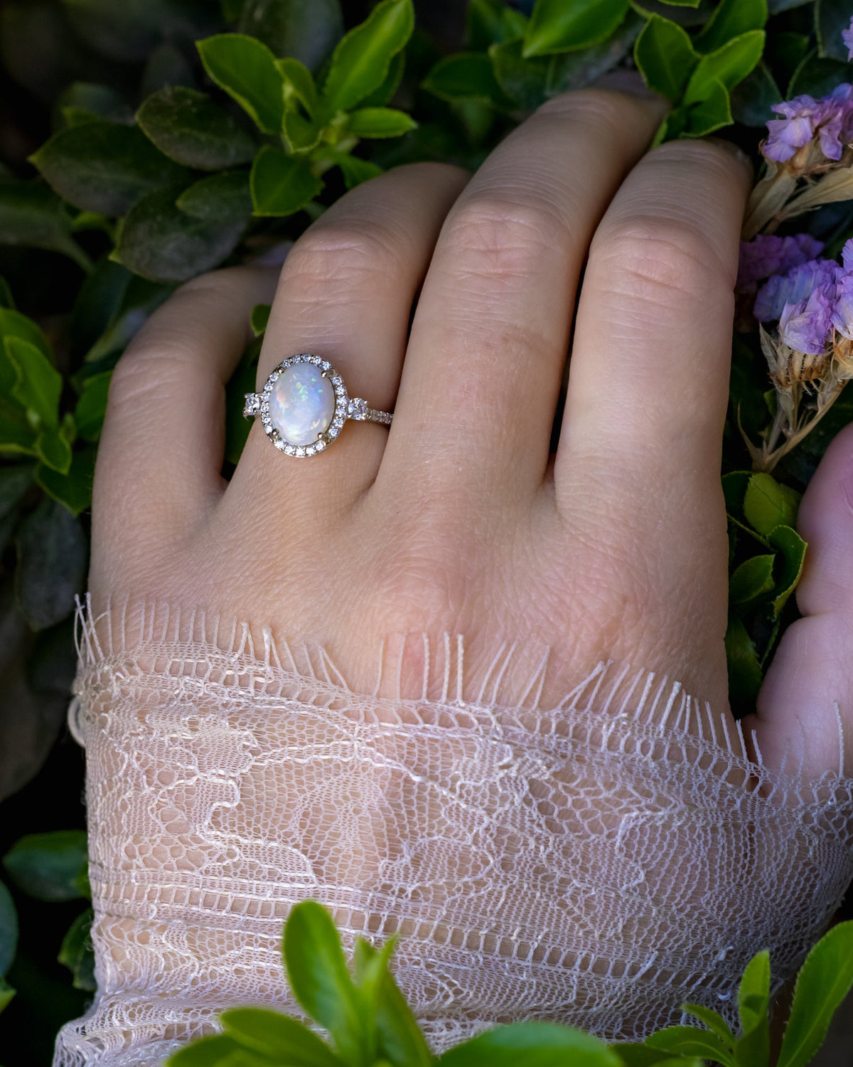 "KB" - Oval Cabochon Cut White Opal Engagement Ring With Diamond Halo & Accents - 14K White Gold - Size 5 1/4