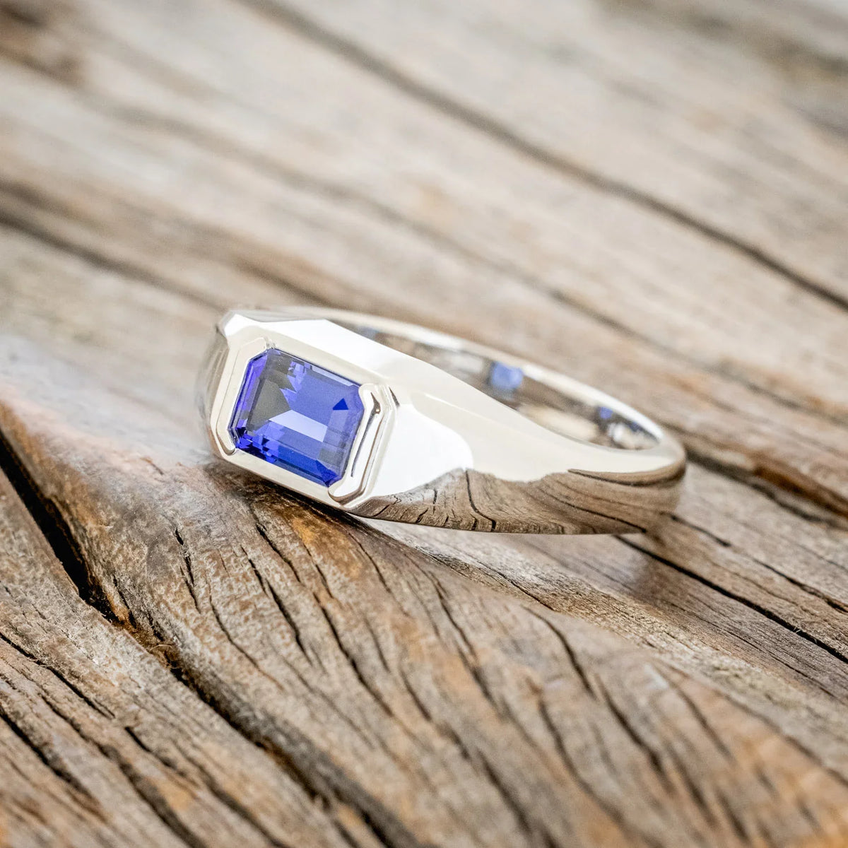 "Arthur" - Bezel Set Lab-Grown Sapphire Wedding Band - 14K White Gold - Size 10 3/4