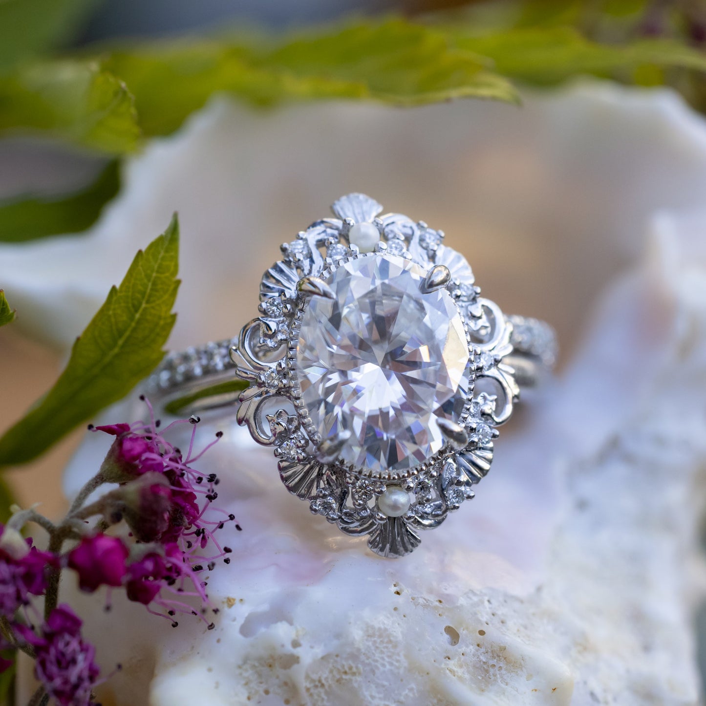 "Merrow" - Moissanite Engagement Ring With Pearl Accents And Diamond Tracer