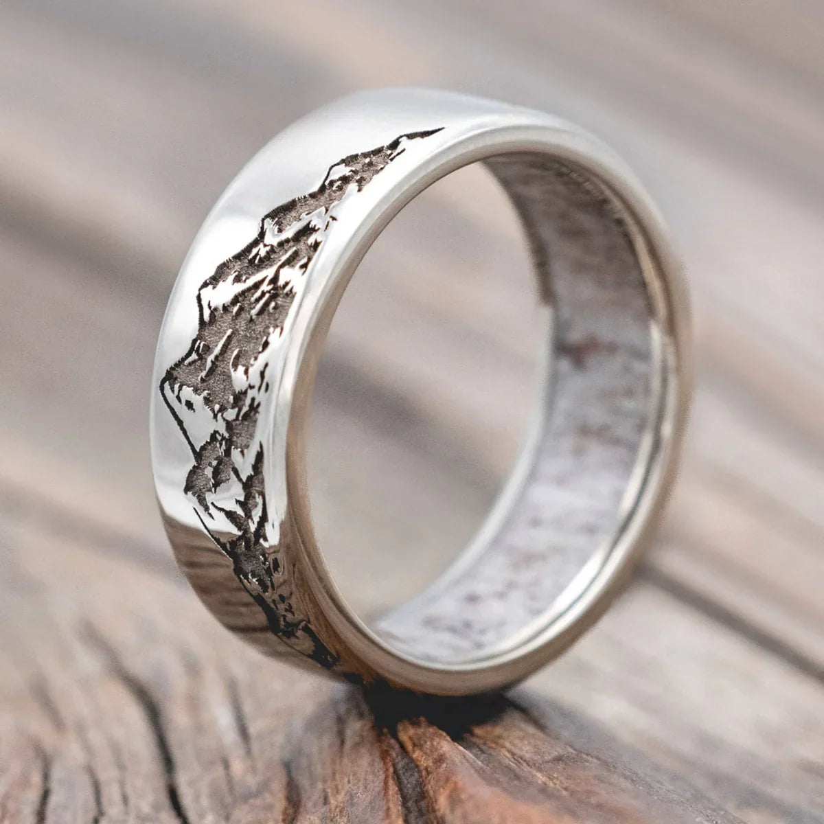 "Horizon" - Mountain Engraved Wedding Band with Antler Lining - 14K White Gold (8mm) - Size 7 1/4