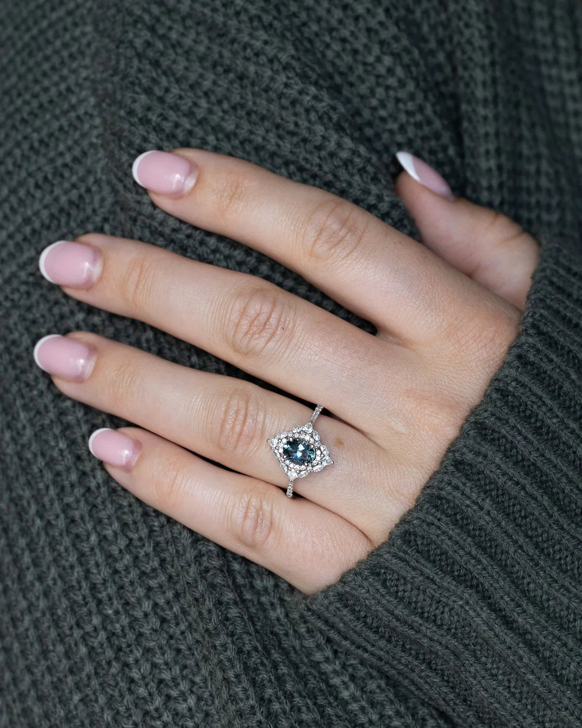 "North Star" - Oval Cut Montana Sapphire Engagement Ring With Diamond Halo & Accents - 14K White Gold - Size 7 1/4