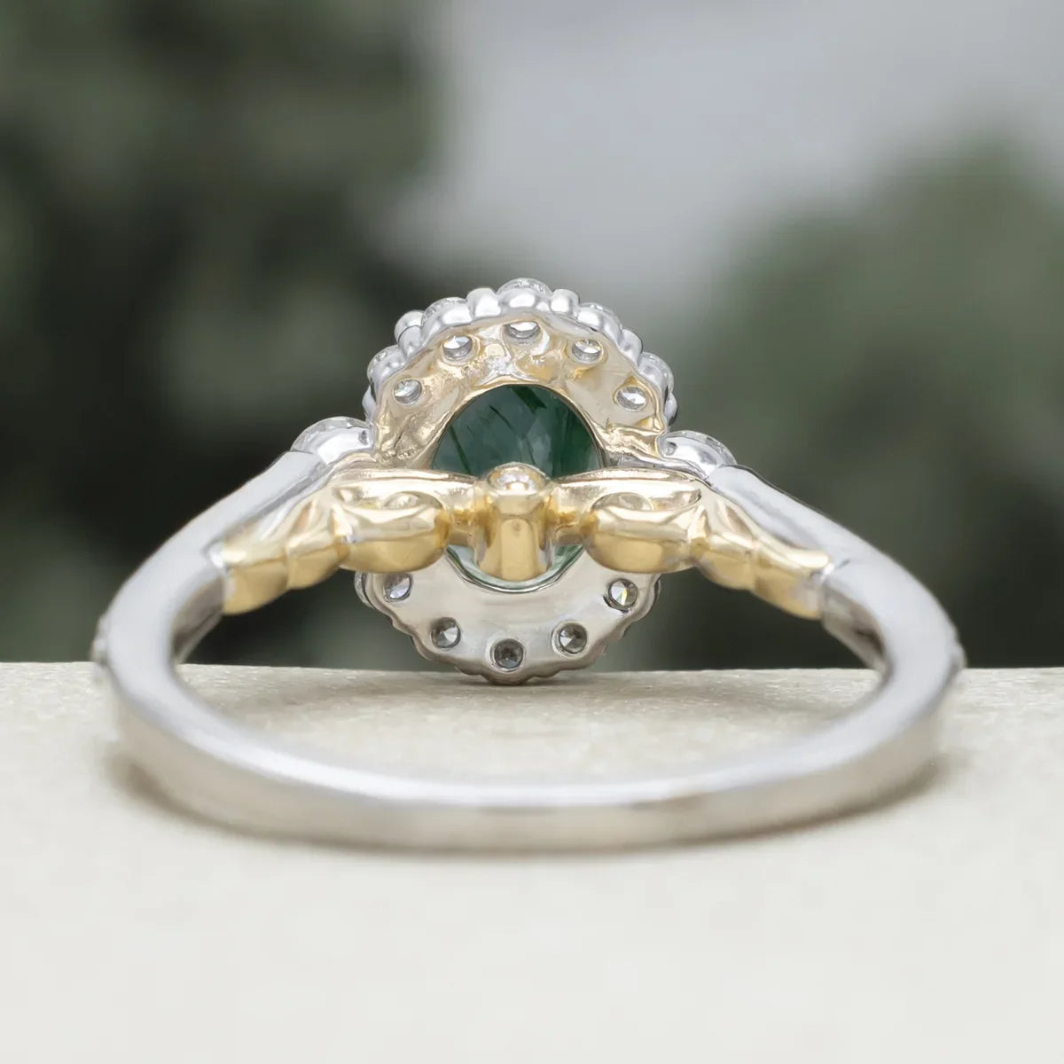 "Ophelia" - Oval Cut Moss Agate Engagement Ring With Diamond Halo & Accents - 14K White Gold - Size 6 1/2