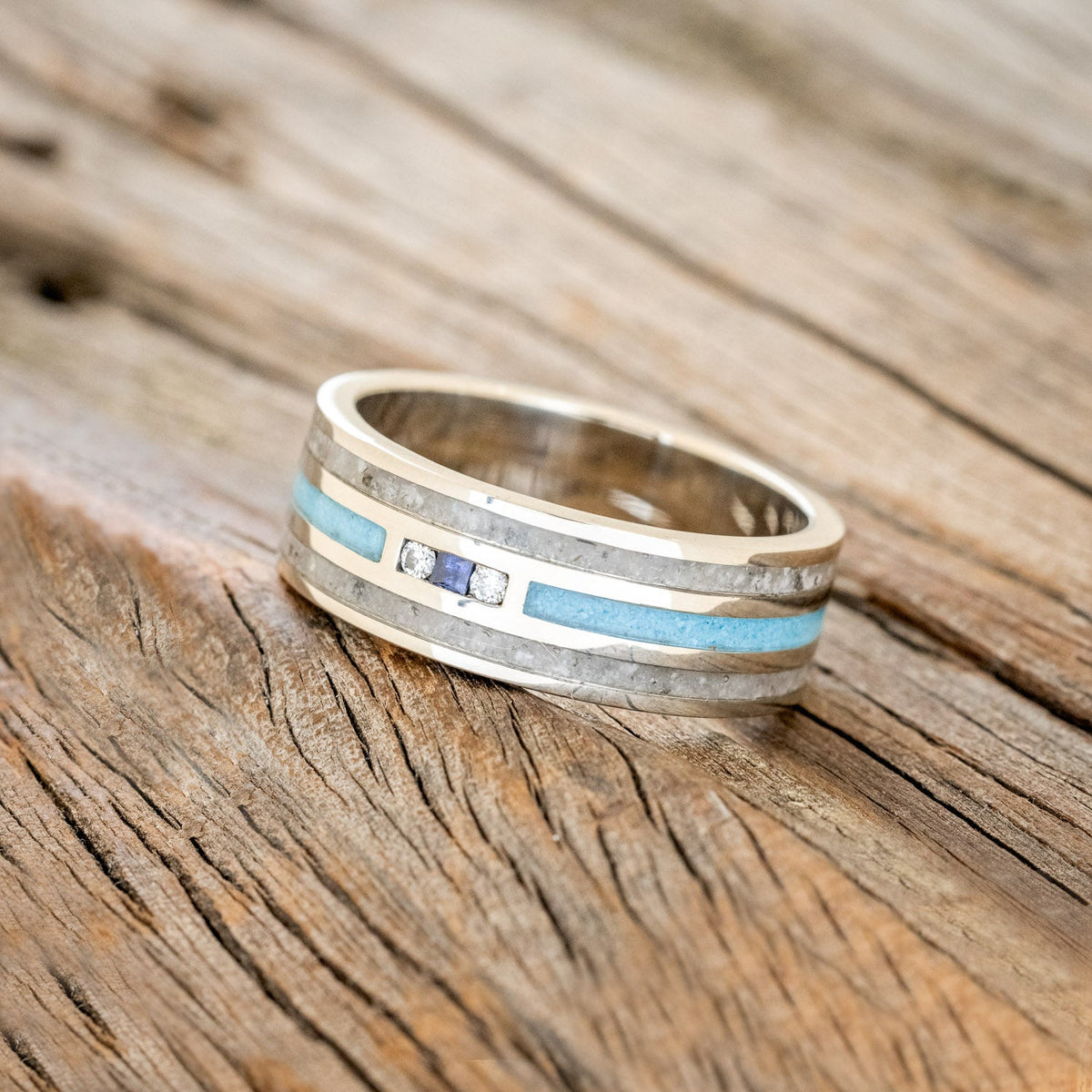 "Rio" - Genuine Blue Sapphire, Diamonds, Turquoise & Moonstone Wedding Band - 14K White Gold (8mm) - Size 6 3/4