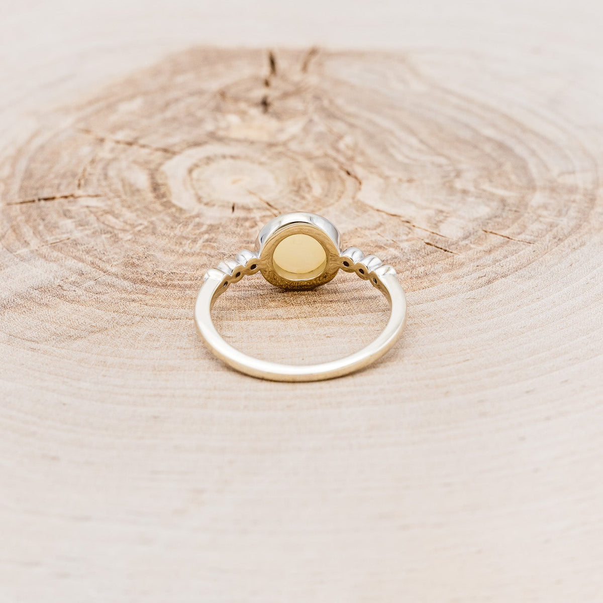 "Alouette" - Round Cabochon Cut Opal Engagement Ring With Diamond Accents - 14K White Gold - Size 6 1/4