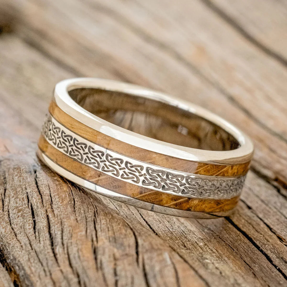 "Ryder" - Celtic Love Knot Engraved & Whiskey Barrel Oak Wedding Ring - 14K White Gold (8mm) - Size 11 3/4