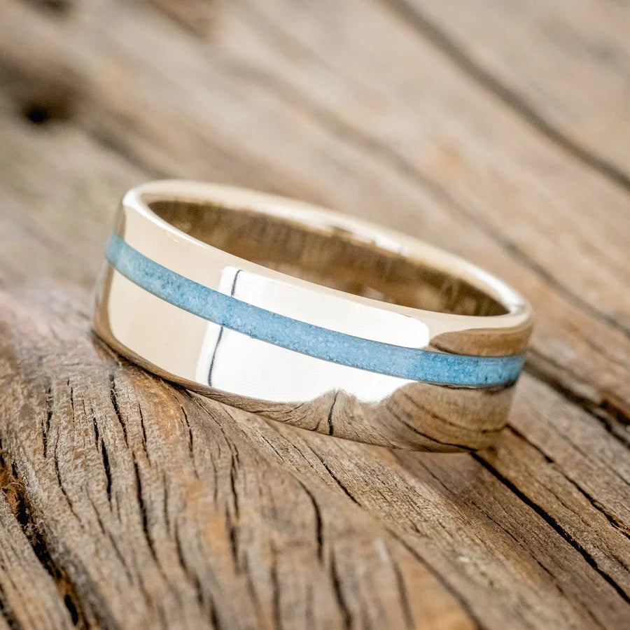 "Vertigo" - Crushed Turquoise Wedding Ring - 14K White Gold (8mm) - Size 6 1/2