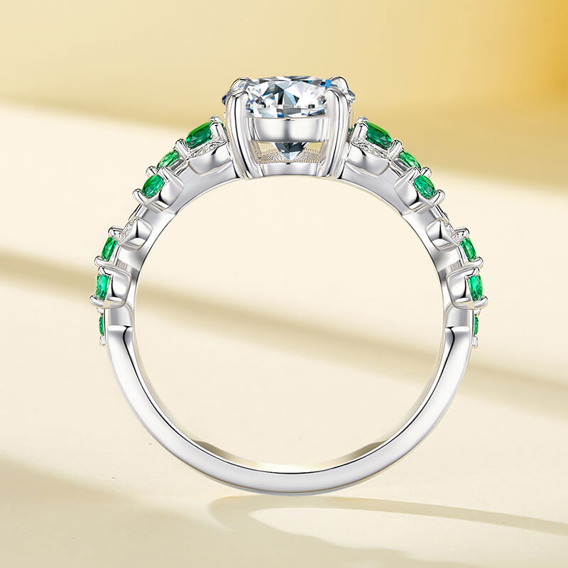 Willow Leaf & Vine Moissanite with Emerald Accents Engagement Ring