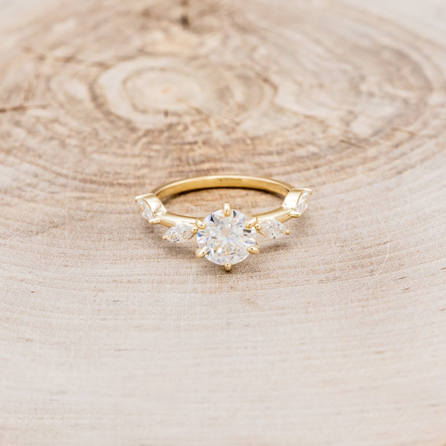 "Flora" - Round Cut Moissanite Engagement Ring With Marquise Cut Diamond Accents - 14K Yellow Gold - Size 4 1/2