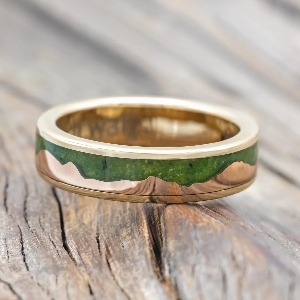 "Helios" - Moss & 14K Rose Gold Mountain Range Wedding Band - 14K Yellow Gold (6mm) - Size 9