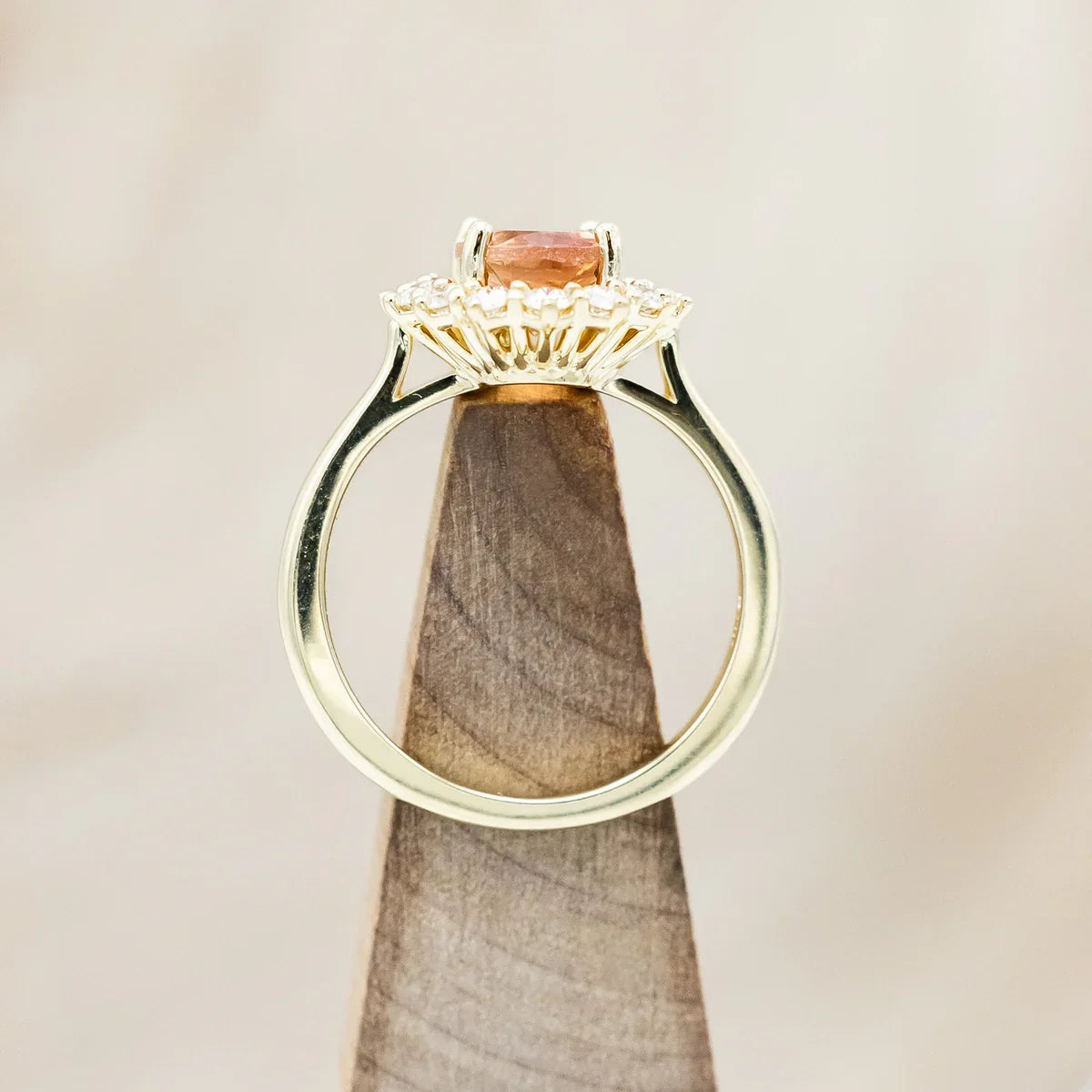 "Malina" - Oval Cut Oregon Sunstone Engagement Ring With Diamond Halo - 14K Yellow Gold - Size 6