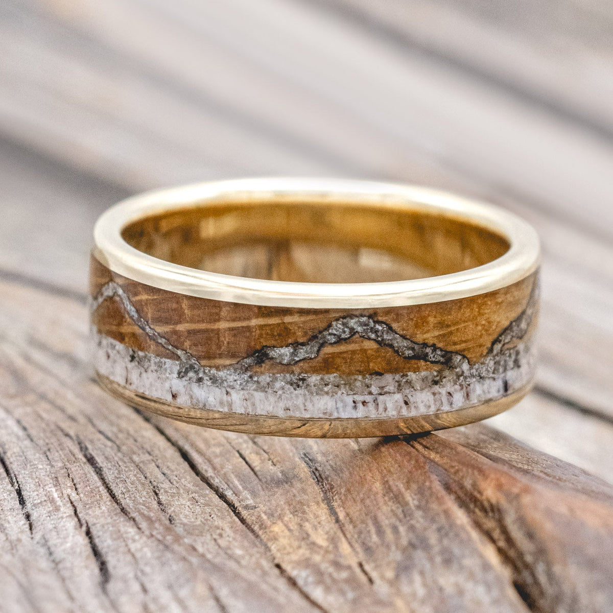 "The Expedition" - Mountain Engraved Wedding Ring With Whiskey Barrel Oak, Moonstone & Antler - 14K Yellow Gold - Size 9 1/4