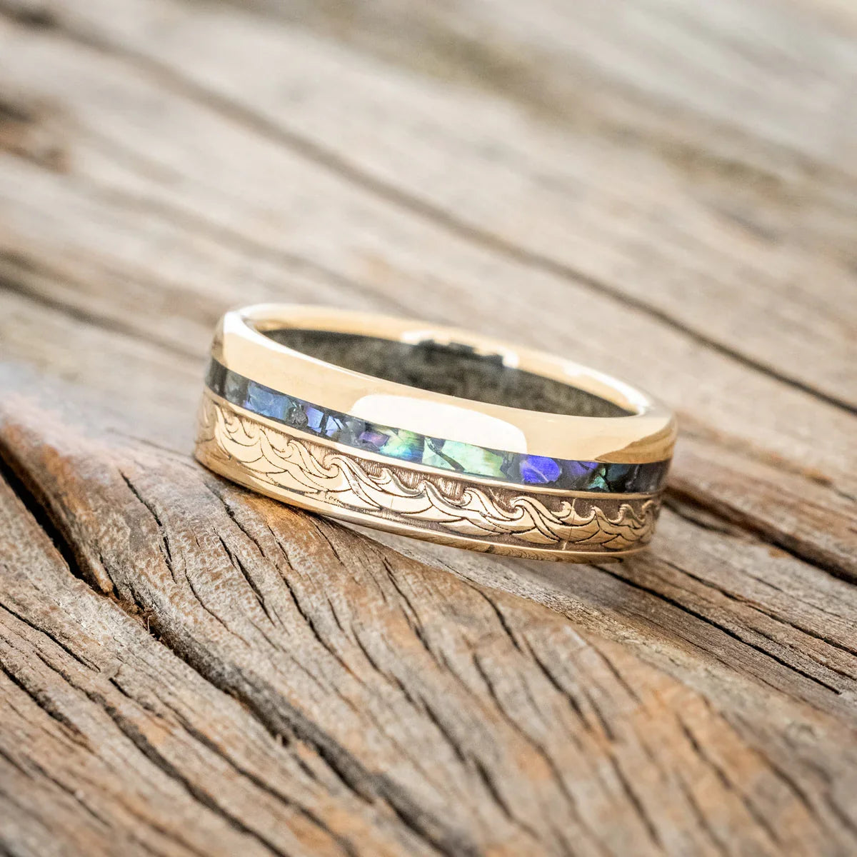 "Triton" - Wave Engraved Wedding Band With Paua Shell & Sand Lining - 14K Yellow Gold (8mm) - Size 11 1/4