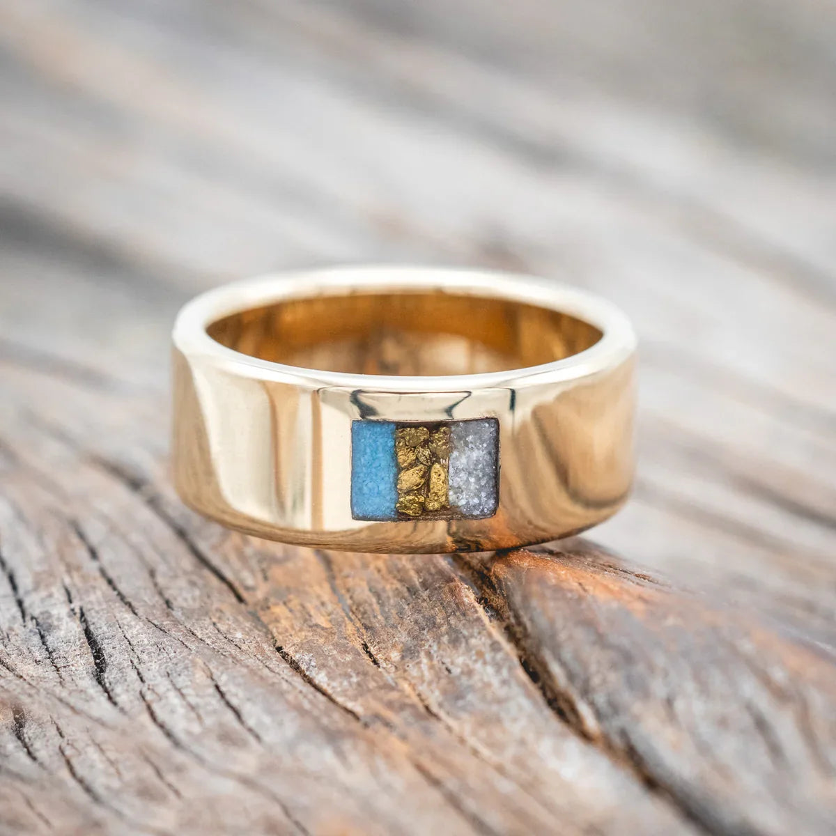 Turquoise, Gold Nuggets & Diamond Dust Wedding Band - 14K Yellow Gold (6mm) - Size 10 1/2