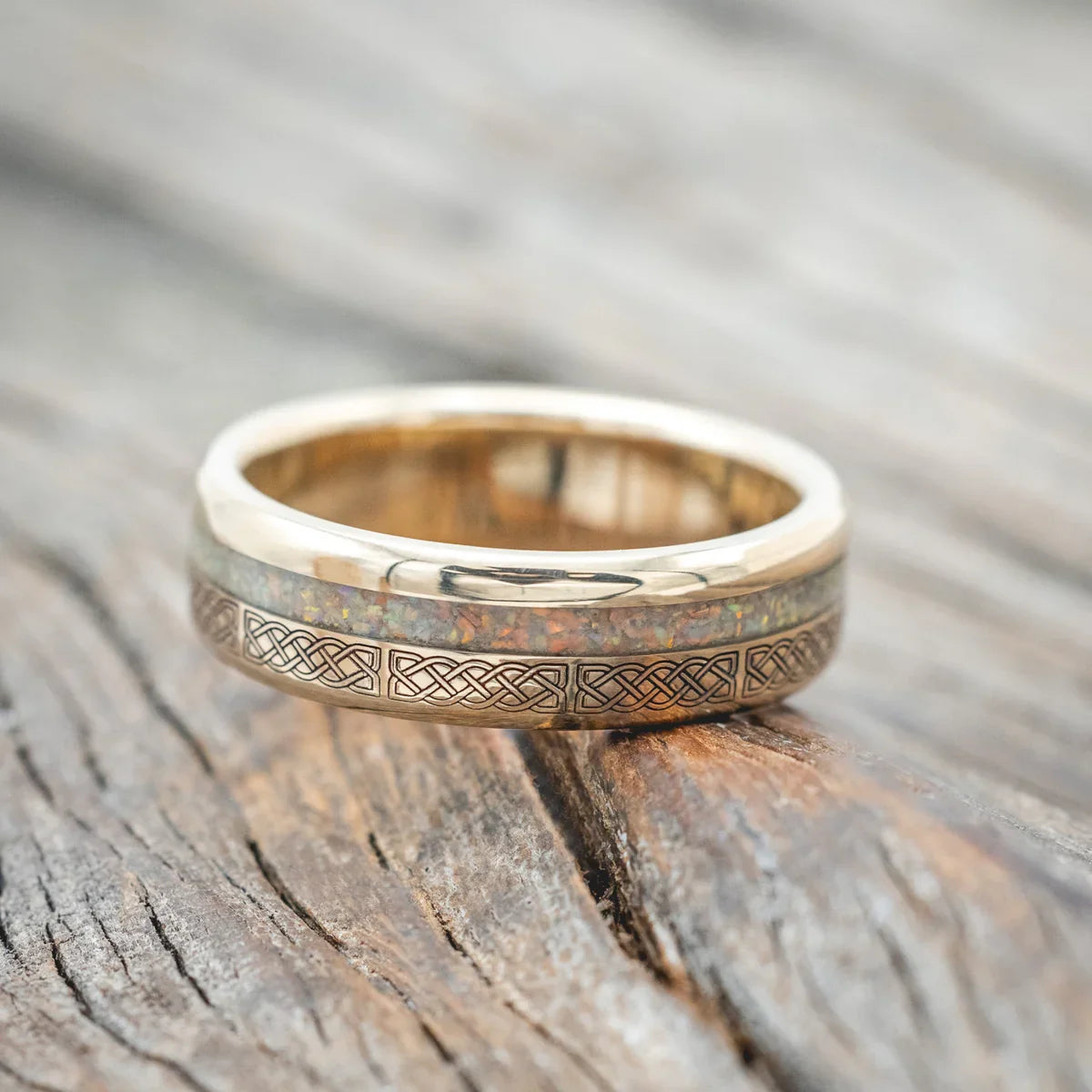 "Vertigo" - Celtic Sailor's Knot Engraved With Fire & Ice Opal Wedding Ring - 14K Yellow Gold (6mm) - Size 8 1/2