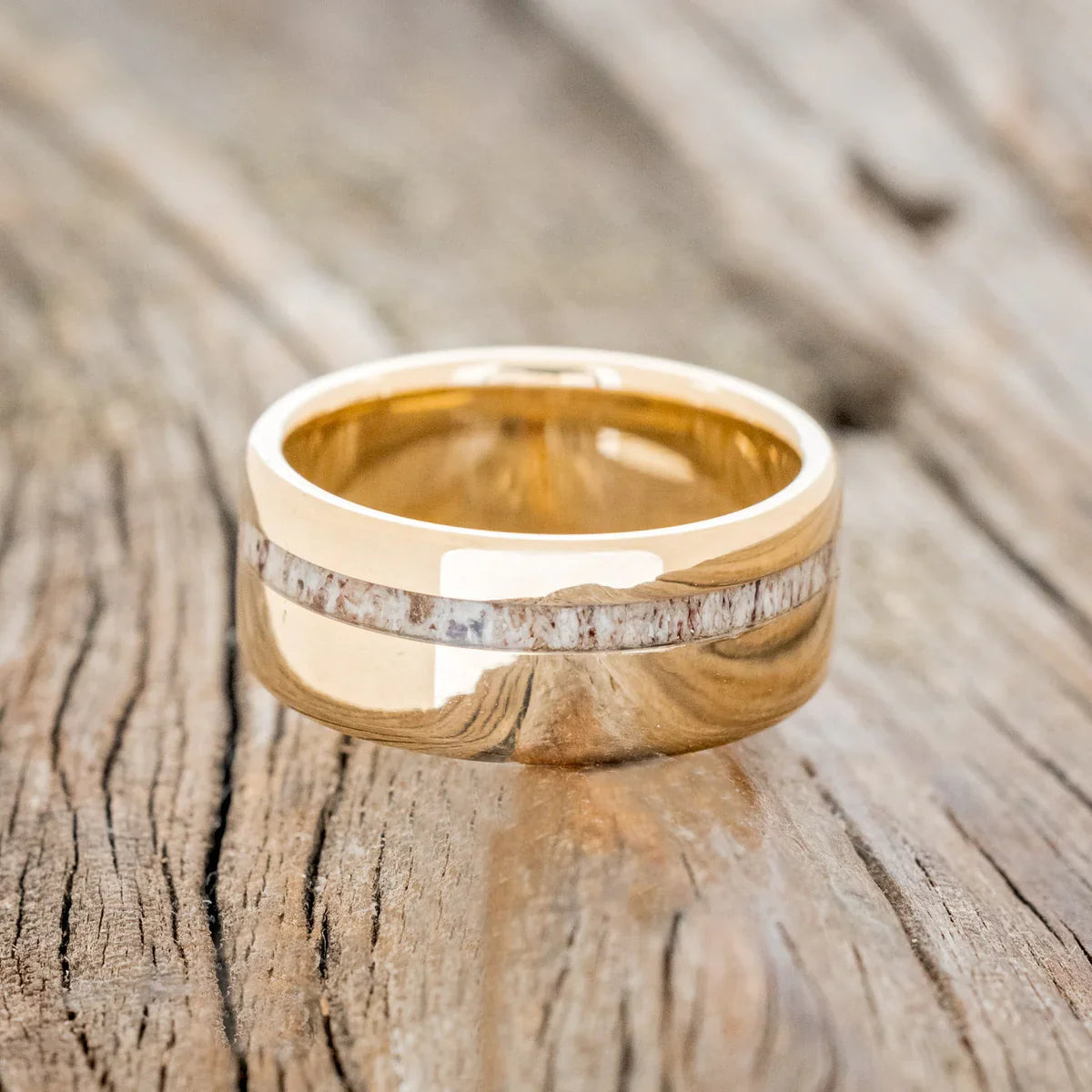 "Vertigo" - Elk Antler Inlay Wedding Ring - 14K Yellow Gold (8mm) - Size 10