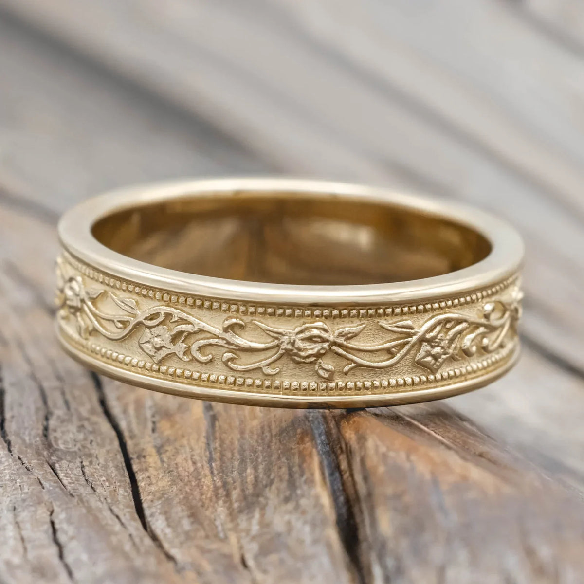 "Will" - Custom Floral-Engraved Wedding Band - 14K Yellow Gold (6mm) - Size 10