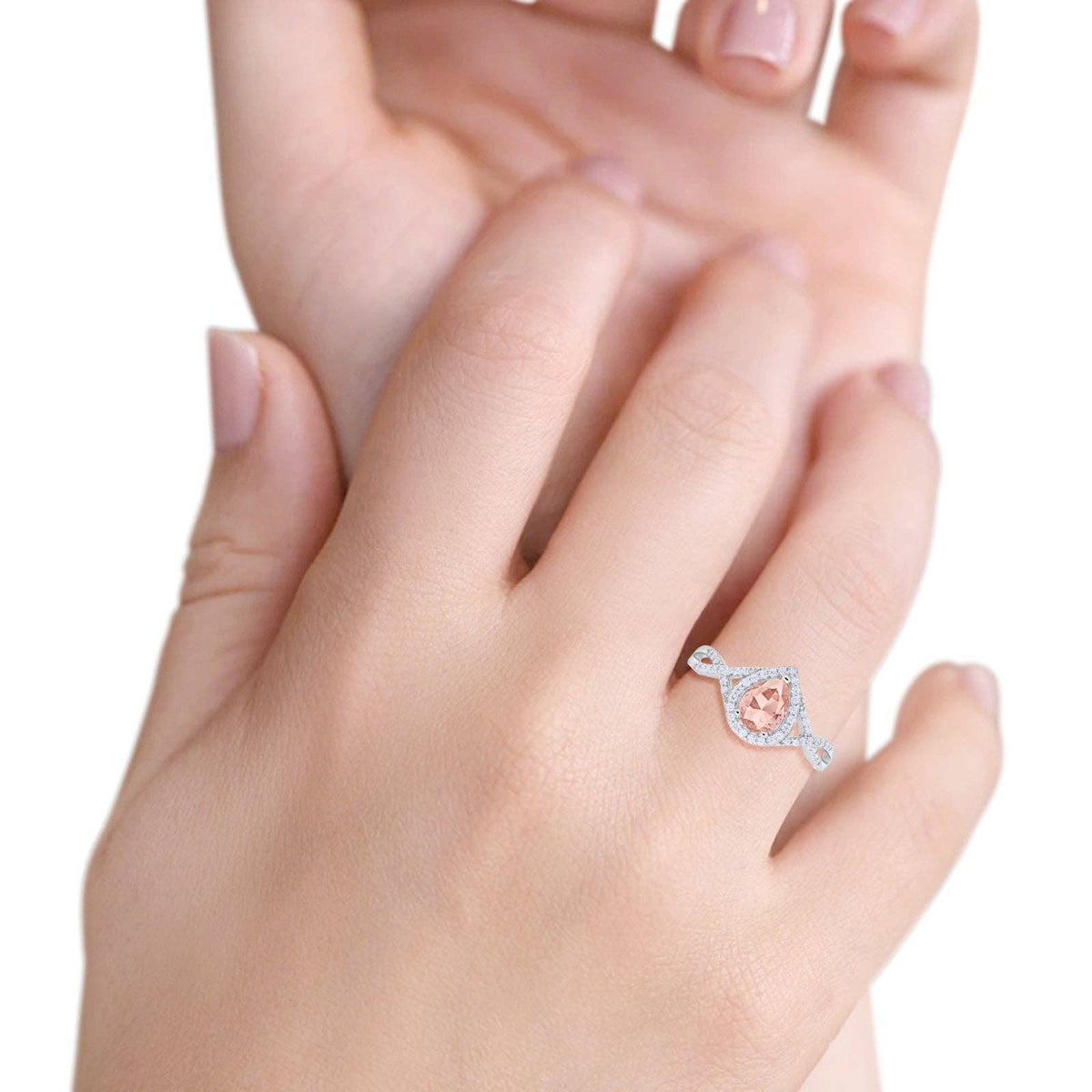 Teardrop Wedding Promise Ring Infinity Round Simulated Morganite CZ: Simulated Morganite CZ size p