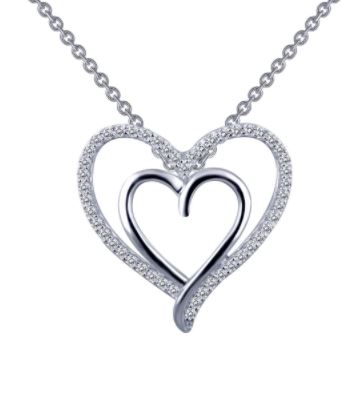 SS Bonded w/ Plat Double-Heart Pendant Necklace w/ Lassaire sim. dias Length:18in