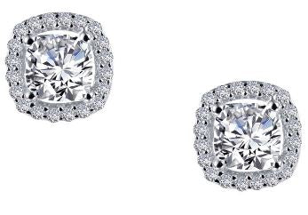 SS Bonded w/ Plat Cush/Round Halo Earring Pair w/ LaSSaire sim. dias 1.52ctTW