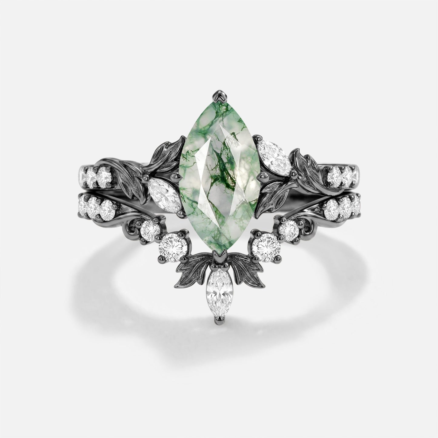 Marquise Cut Moss Agate Leafy Vintage Engagement Ring Set 2pcs - Peony