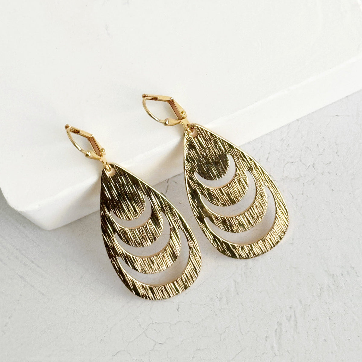 Crescent Cutout Teardrop Earrings in Brushed Gold