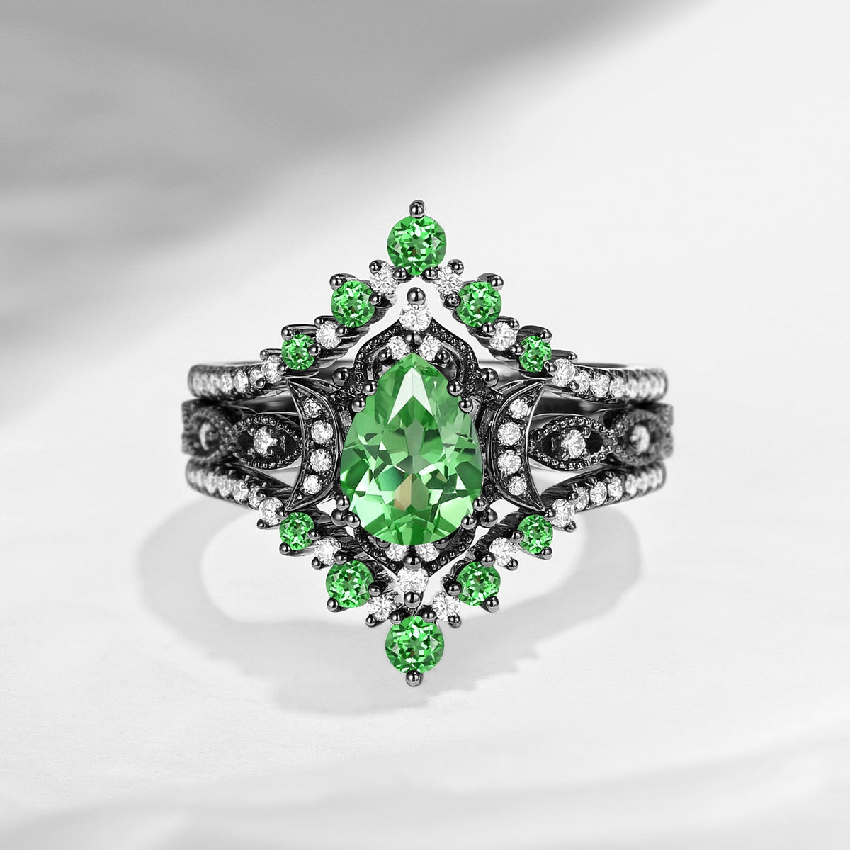 Crescent Moon | Unique Pear Shaped Lab Tsavorite Vintage Engagement Ring Set 3pcs 18K
