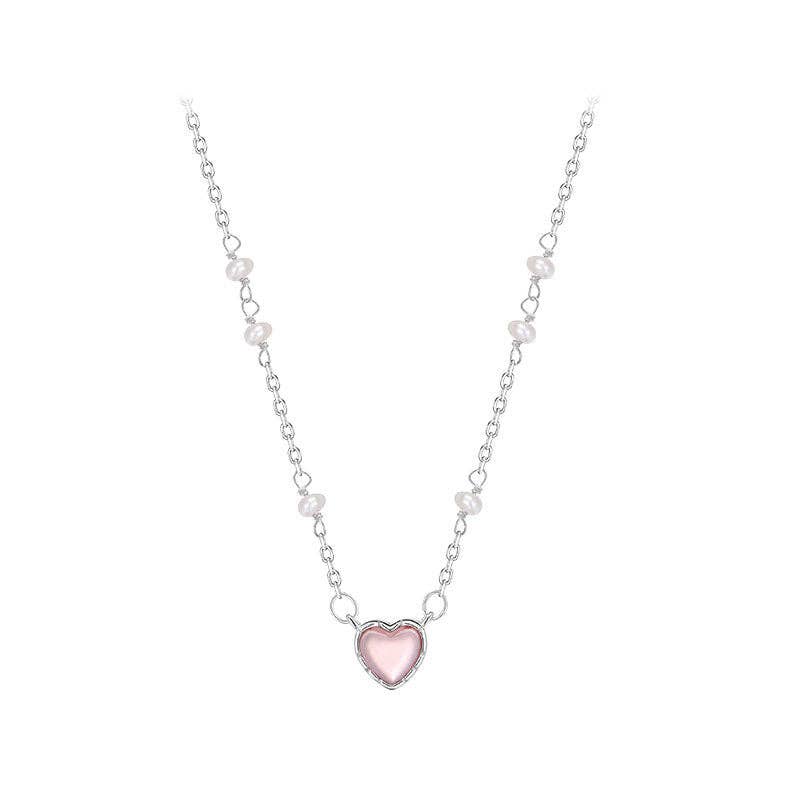 Dainty Pearl Heart Pendant Necklace in 925 Sterling Silver: Gold