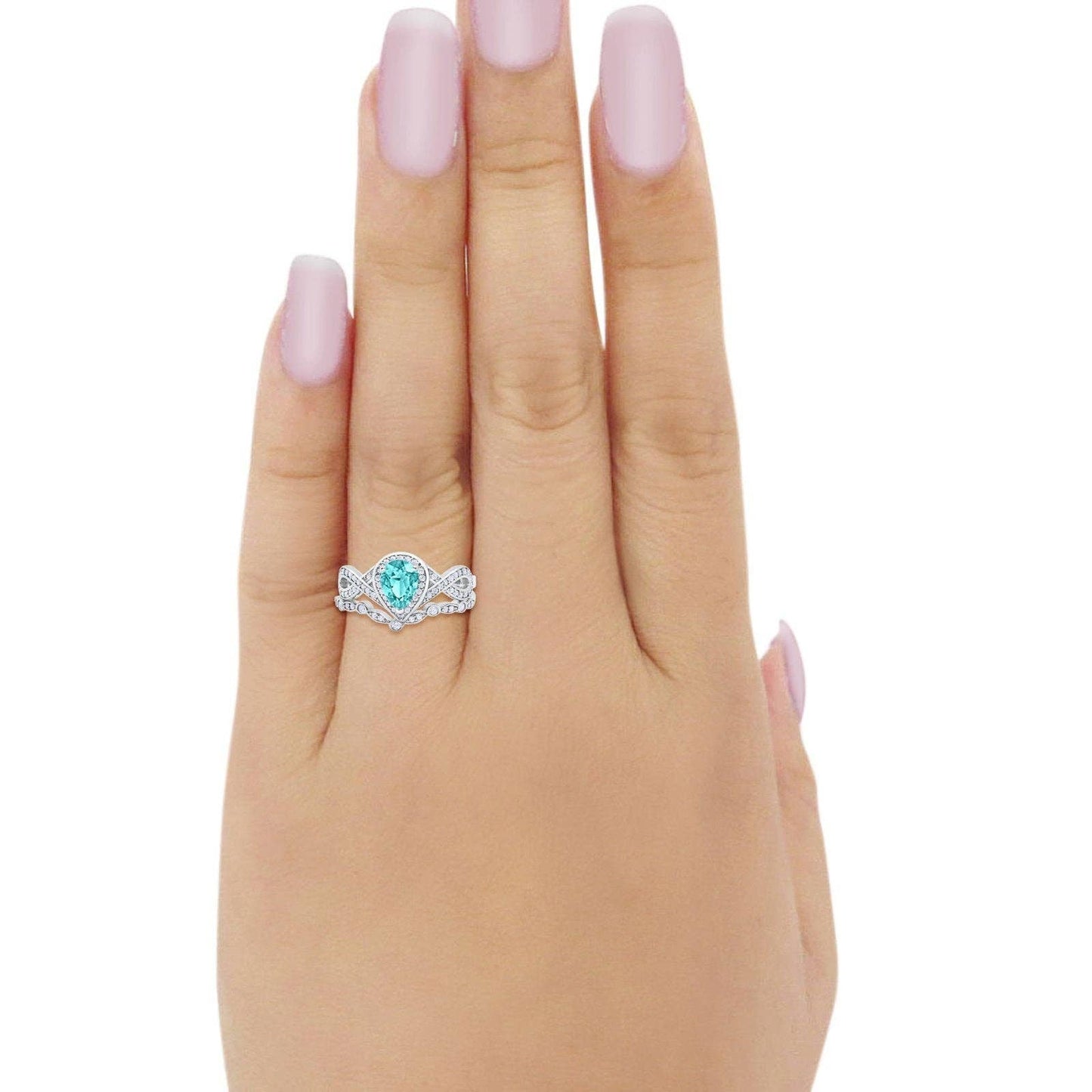 Teardrop Piece Art Deco Wedding Ring Simulated Paraiba Tourmaline CZ: Simulated Paraiba Tourmaline CZ Q1/2