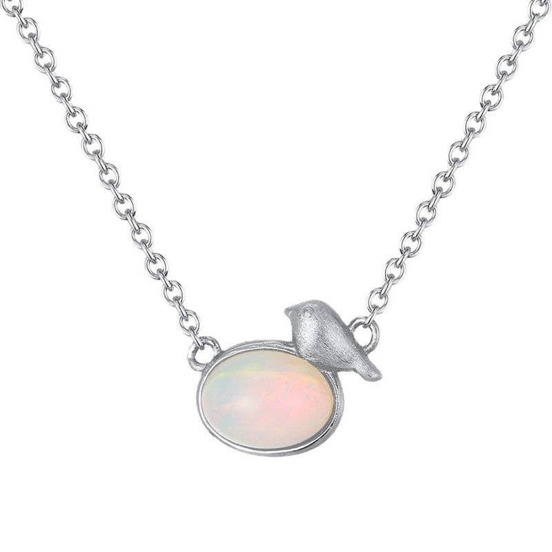 Cute Oval Opal Cabochon Bird Necklace in 925 Sterling Silver: Gold