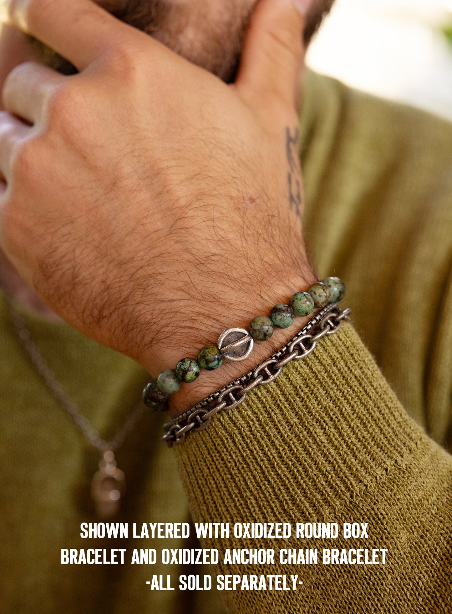 Genuine African Turquoise and Sterling Silver Men's Bead Bracelet