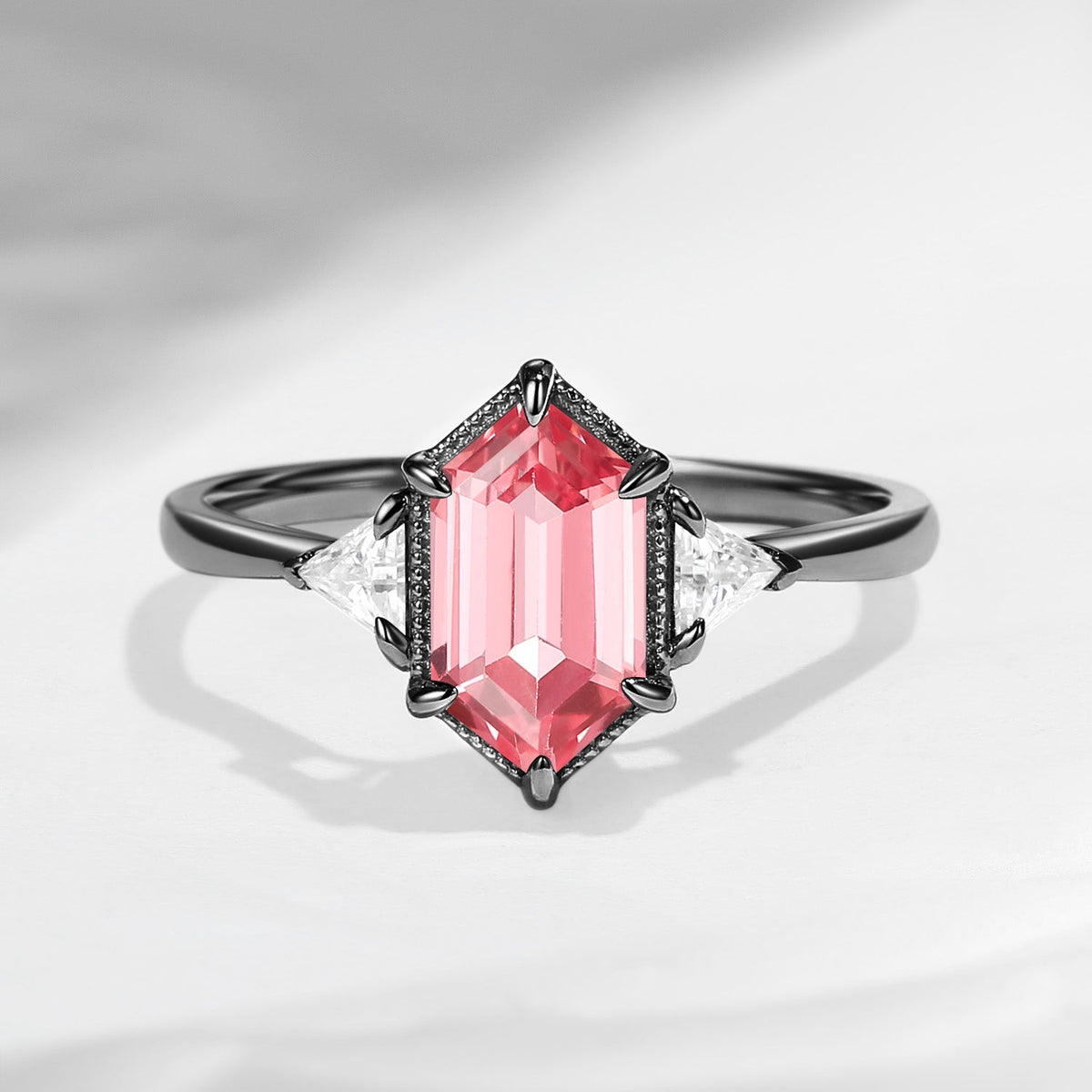 Vintage Long Hexagon Lab Pink Sapphire Geometric Three-Stone Engagement Ring