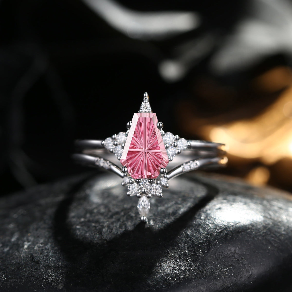 'Coffin Kite' - Fantasy Carved Coffin Natural Pink Tourmaline Cluster Star Engagement Ring Set