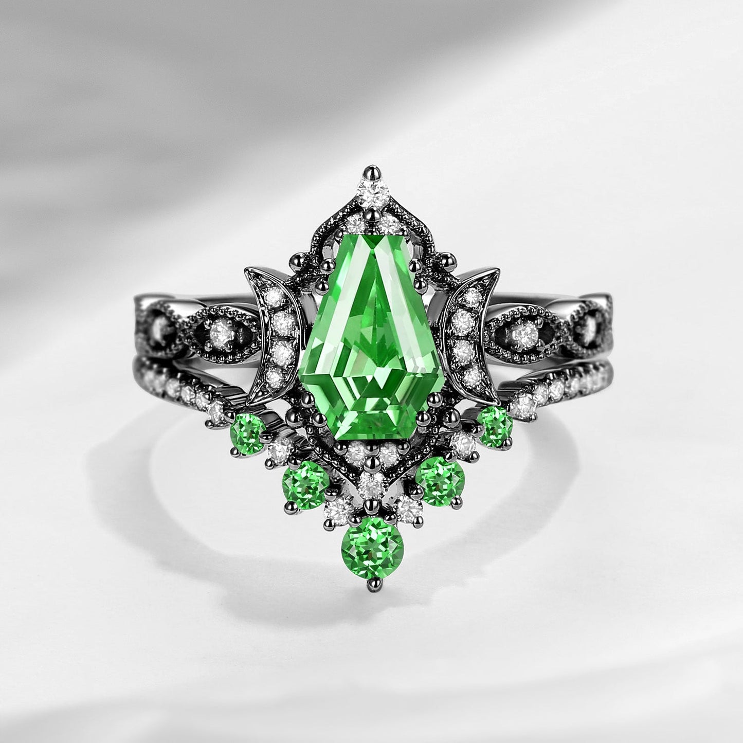 Crescent Moon | Coffin Cut Lab Tsavorite 'Till Death Do Us Part' Engagement Ring Set 2pcs