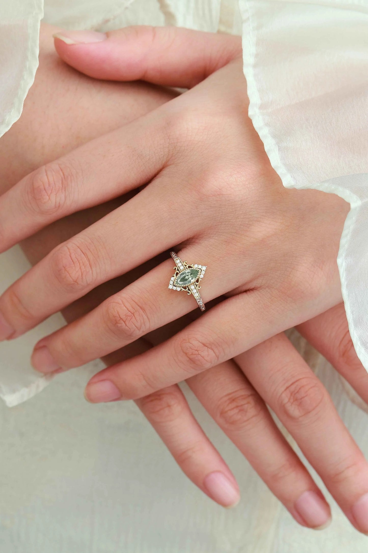 Bezel Setting & Milgrain Detailing Marquise-Cut Green Tsavorite Engagement Ring