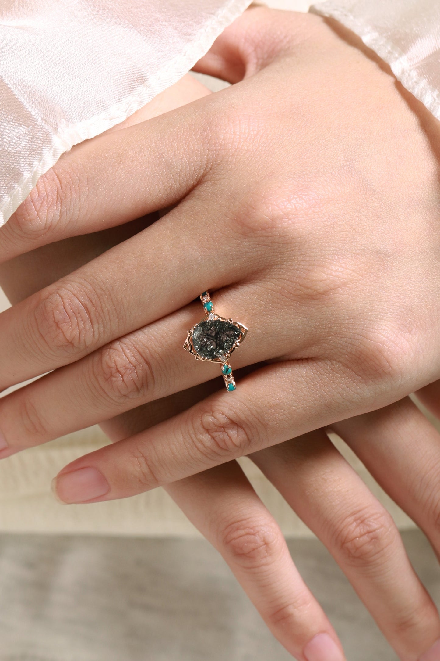 Pear Cut Black Rutilated Quartz Vintage Engagement Ring