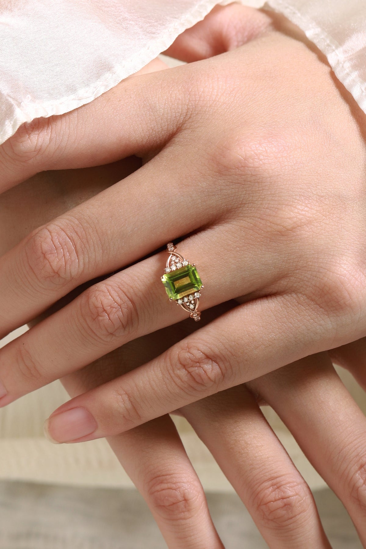 Emerald Cut Peridot Engagement Ring