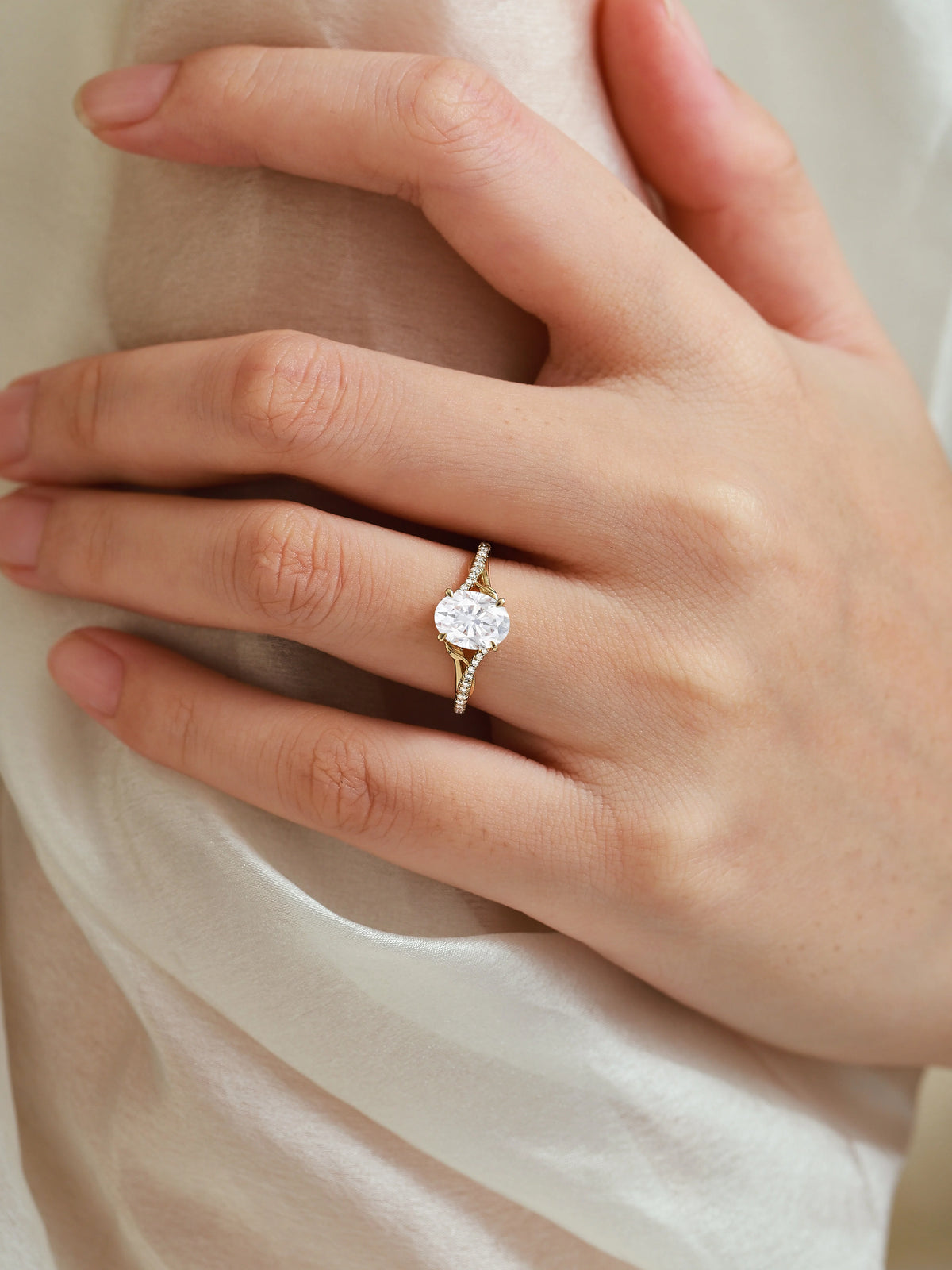 Nature-Inspired Leaf Half Pavé Oval Cut Moissanite Engagement Ring