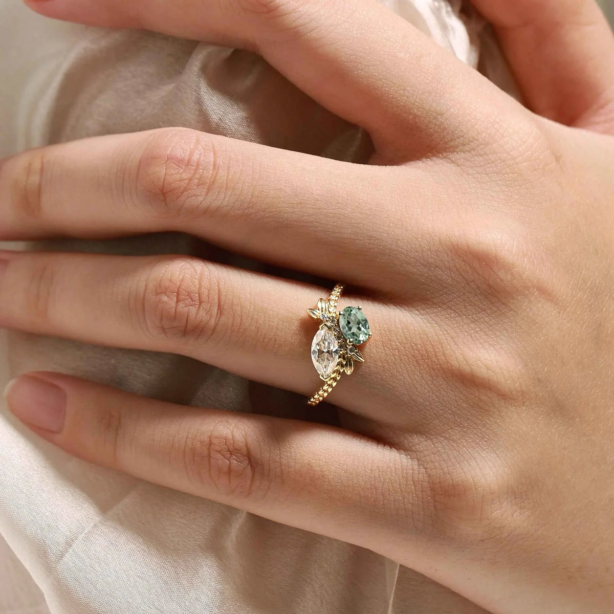 Nature Inspired Toi et Moi 2 Stone Ring Marquise Moissanite & Oval Green Sapphire Engagement Ring
