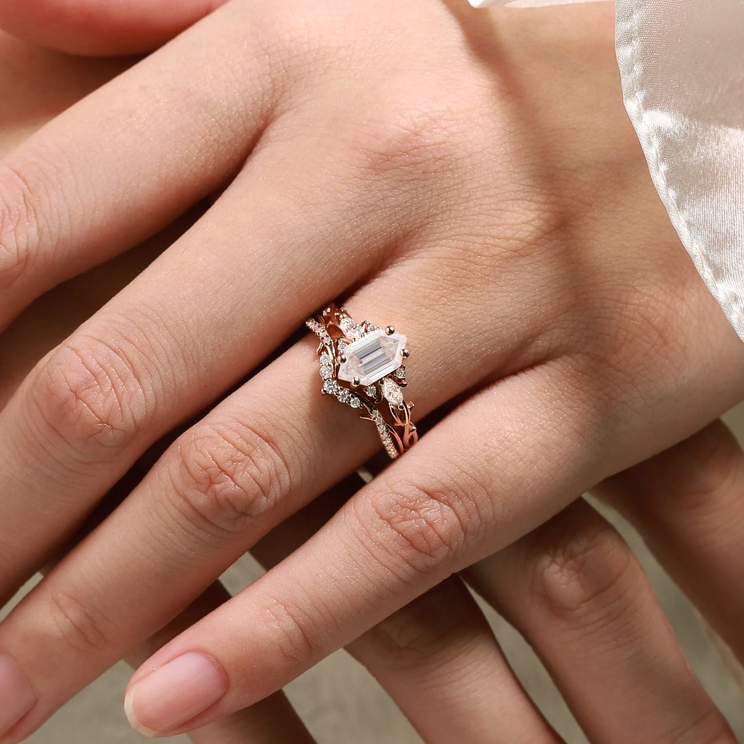Nature-inspired Hexagon Cut Moissanite Engagement Ring Set 2pcs