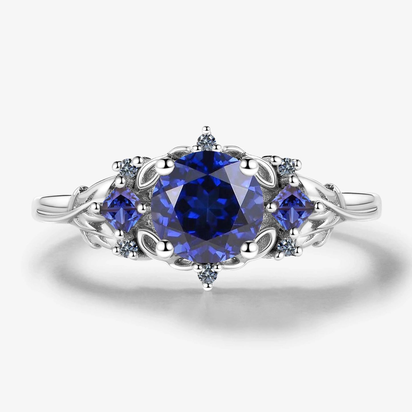 Vintage Leaf Stackable Round Royal Sapphire Engagement Ring