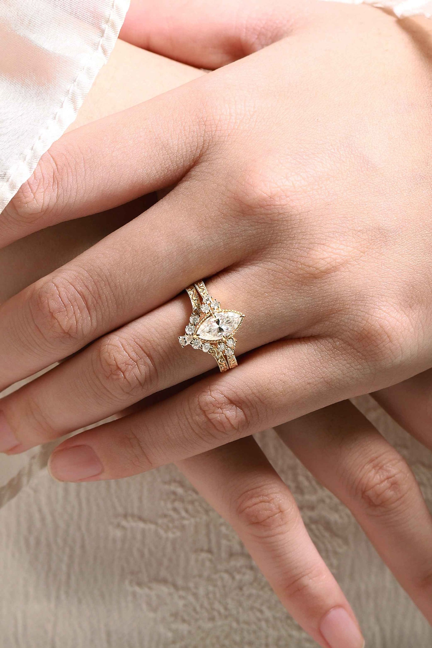 Marquise Cut Moissanite Vintage Victorian Style Engagement Ring Sets 2pcs