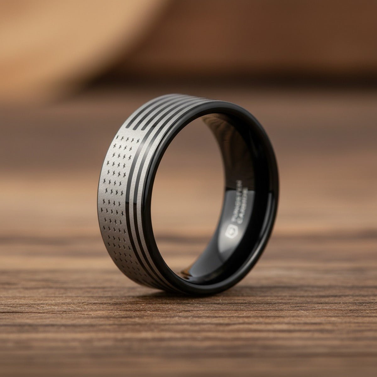 AMERICAN FLAGS | Engraved Black Tungsten Band, Flat Polished