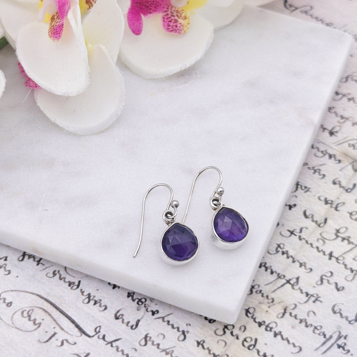 Amethyst Earrings | Aquarius Gift | Faceted 10mm Circle | Sterling Silver