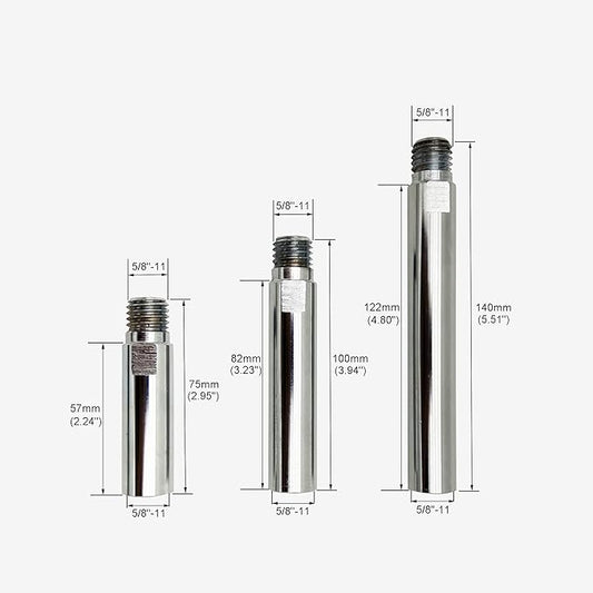 Detailed product dimensions of the 5/8-11 angle grinder extension shafts, showing the different lengths (57mm, 82mm, 140mm) and corresponding working lengths.