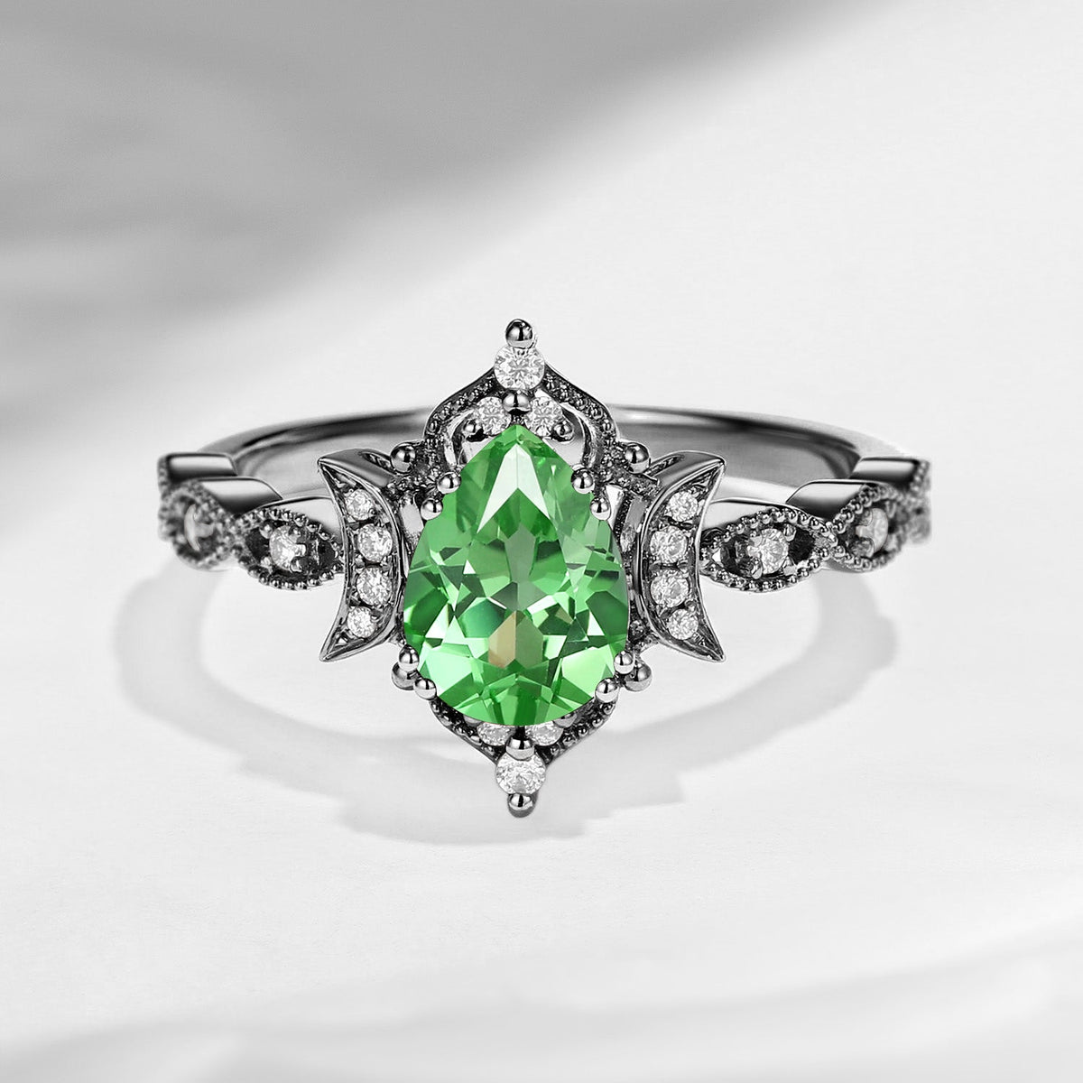 Crescent Moon | Vintage Inspired Pear Cut Lab Tsavorite Engagement Ring