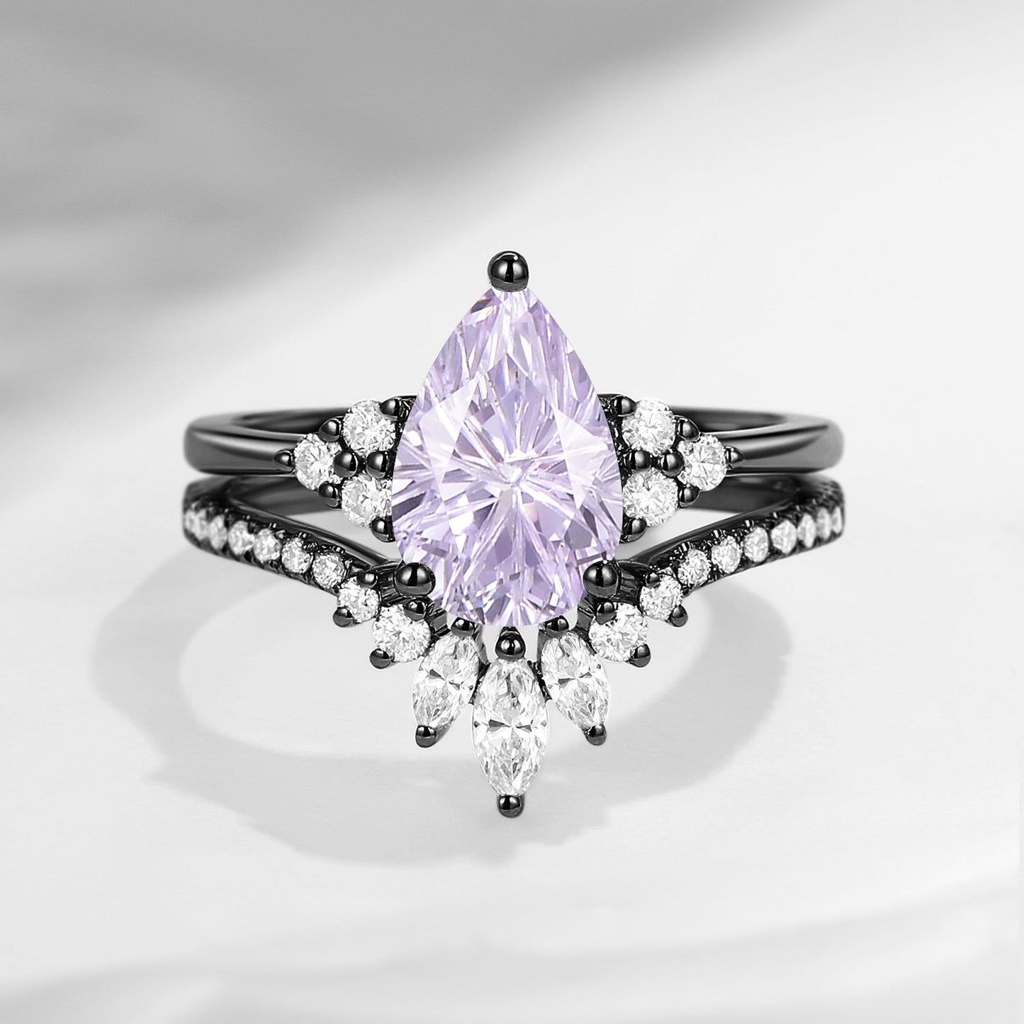 'Vivian' - Firework Cut Pear Lab Lavender Sapphire Cluster Engagement Ring Set