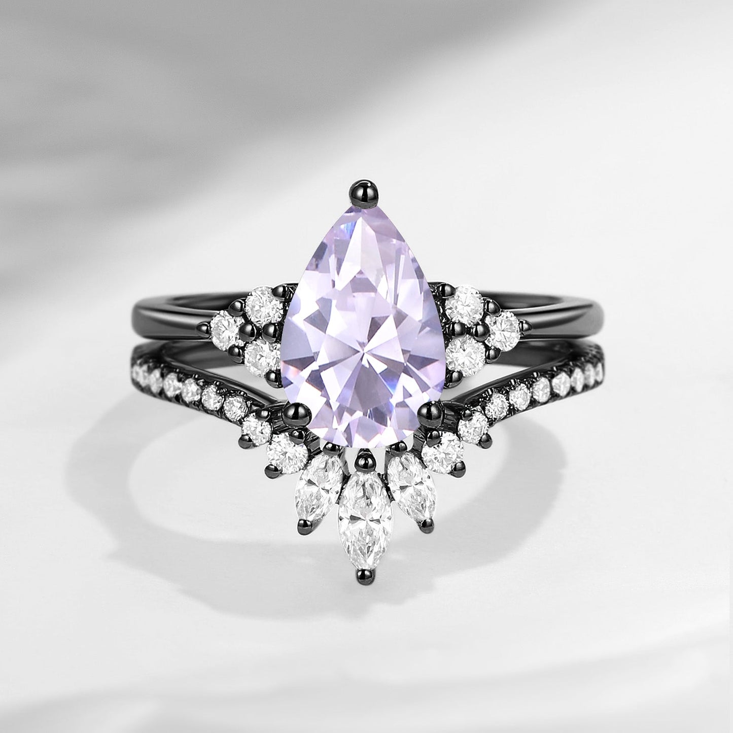 Pear Cut Lab Lavender Sapphire Cluster Engagement Ring Set 2pcs - Vivian